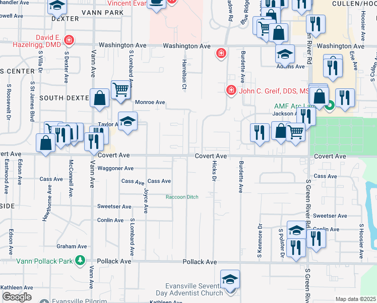 map of restaurants, bars, coffee shops, grocery stores, and more near 1463 Harrelton Drive in Evansville