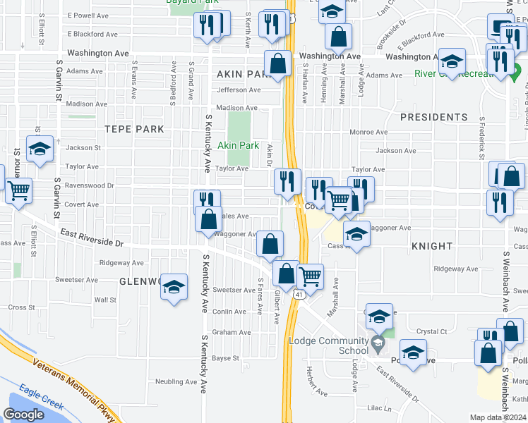 map of restaurants, bars, coffee shops, grocery stores, and more near 1124 Covert Avenue in Evansville