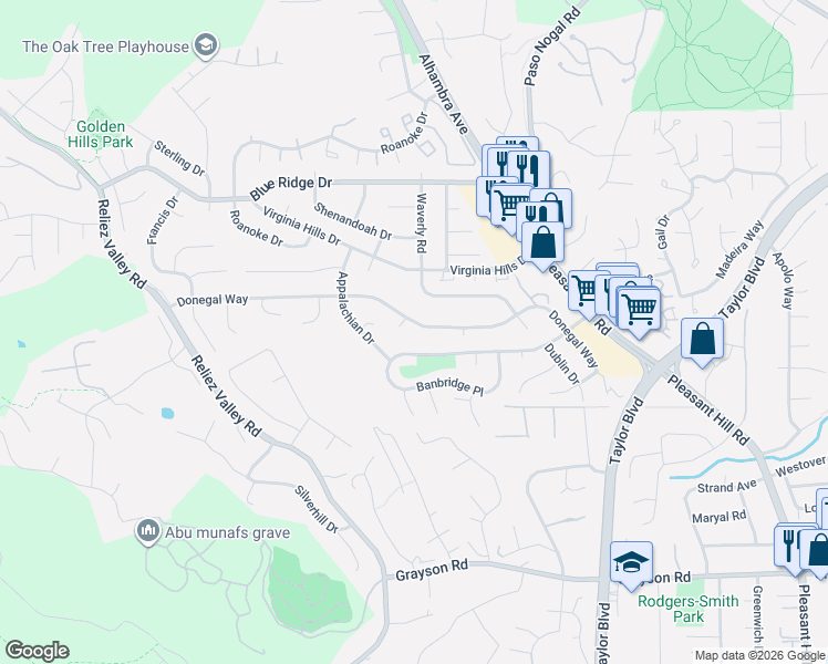 map of restaurants, bars, coffee shops, grocery stores, and more near 235 Donegal Way in Martinez