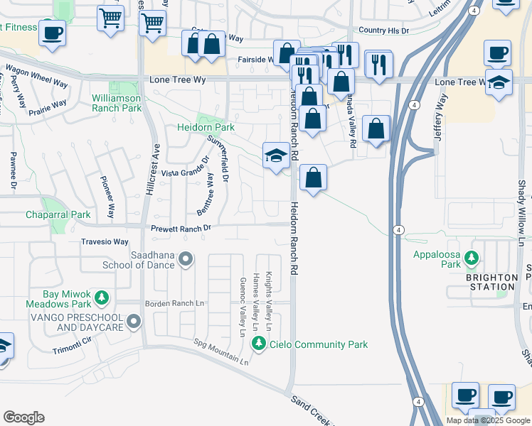 map of restaurants, bars, coffee shops, grocery stores, and more near 5427 Gallier Loop in Antioch