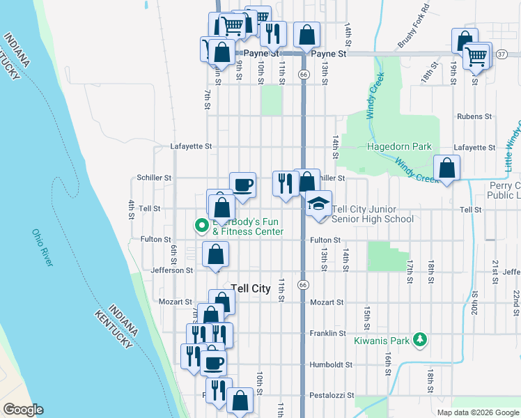 map of restaurants, bars, coffee shops, grocery stores, and more near 1001 10th Street in Tell City