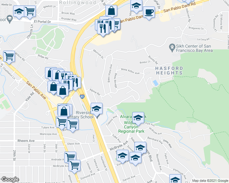 map of restaurants, bars, coffee shops, grocery stores, and more near 5827 Alpine Road in San Pablo