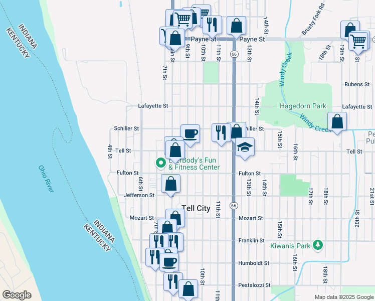 map of restaurants, bars, coffee shops, grocery stores, and more near 1001 9th Street in Tell City