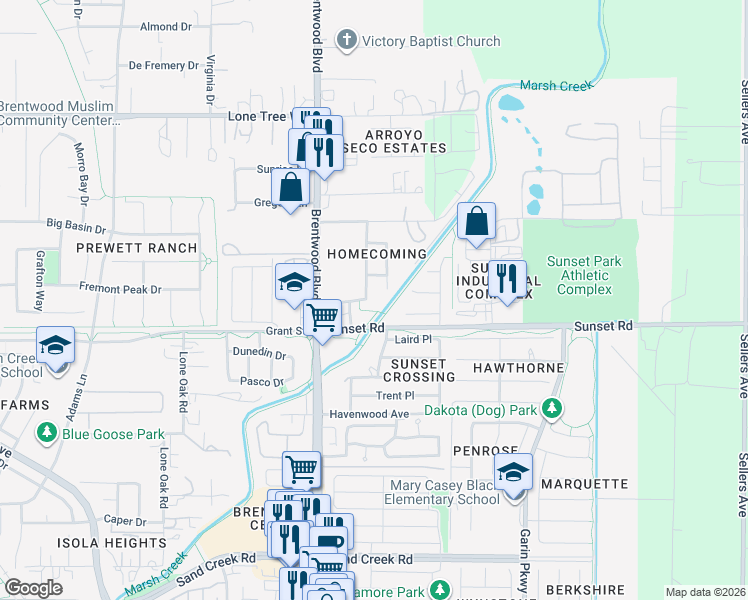 map of restaurants, bars, coffee shops, grocery stores, and more near 2086 Homecoming Way in Brentwood