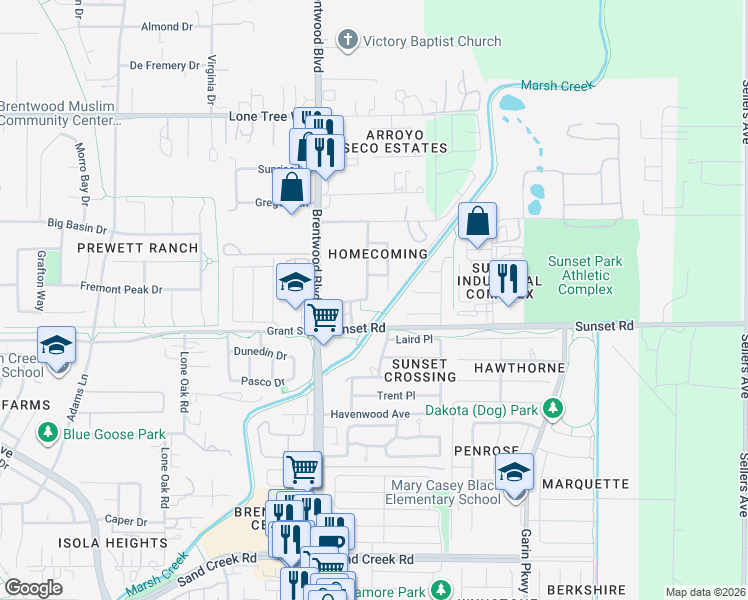 map of restaurants, bars, coffee shops, grocery stores, and more near 2086 Homecoming Way in Brentwood