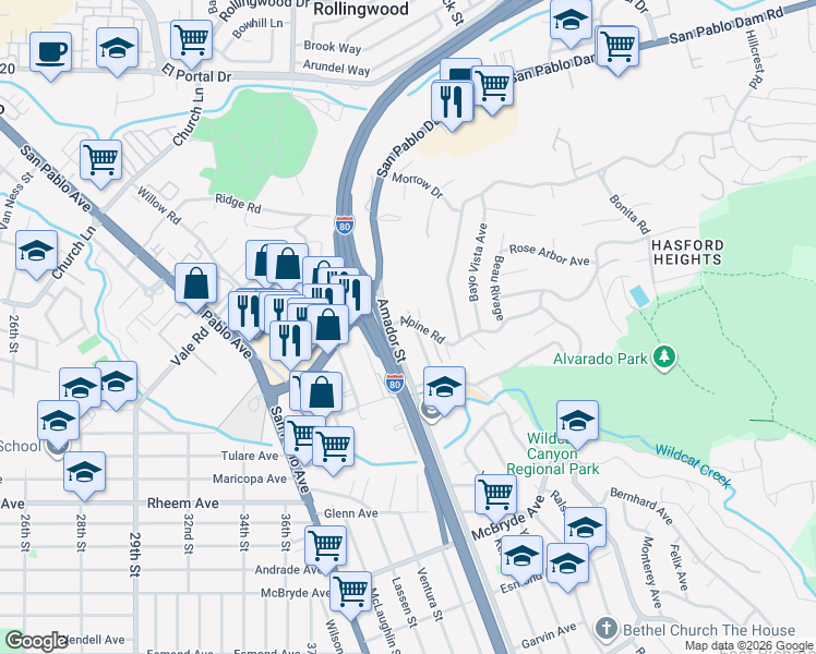 map of restaurants, bars, coffee shops, grocery stores, and more near 5451 Alpine Road in San Pablo