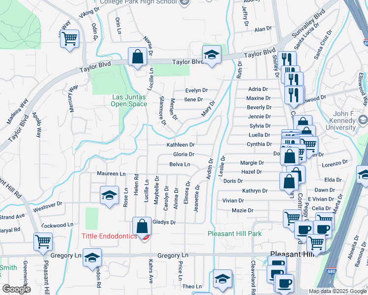 map of restaurants, bars, coffee shops, grocery stores, and more near 301 Kathleen Drive in Pleasant Hill
