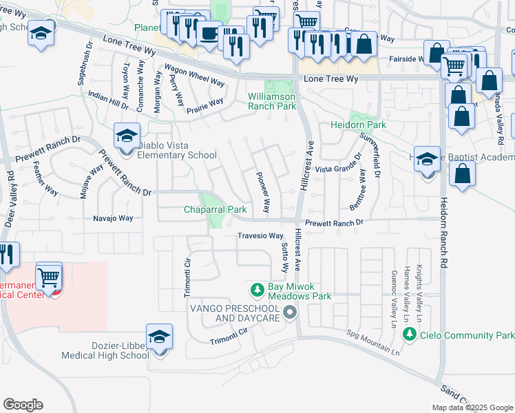 map of restaurants, bars, coffee shops, grocery stores, and more near 5165 Homestead Way in Antioch