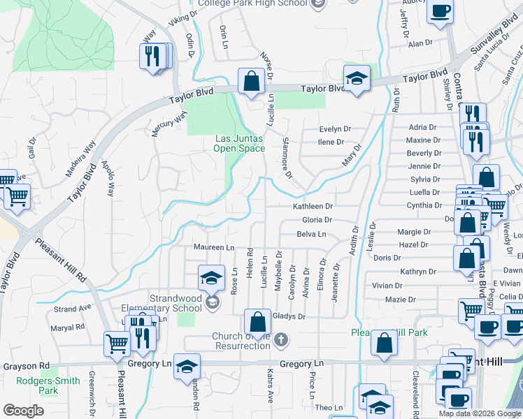 map of restaurants, bars, coffee shops, grocery stores, and more near 1830 Nadine Place in Pleasant Hill