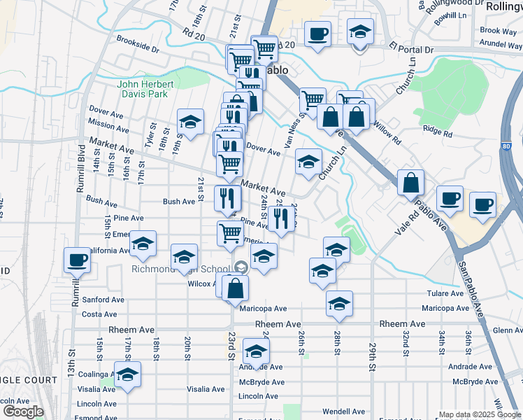 map of restaurants, bars, coffee shops, grocery stores, and more near 2376 Bush Avenue in Richmond