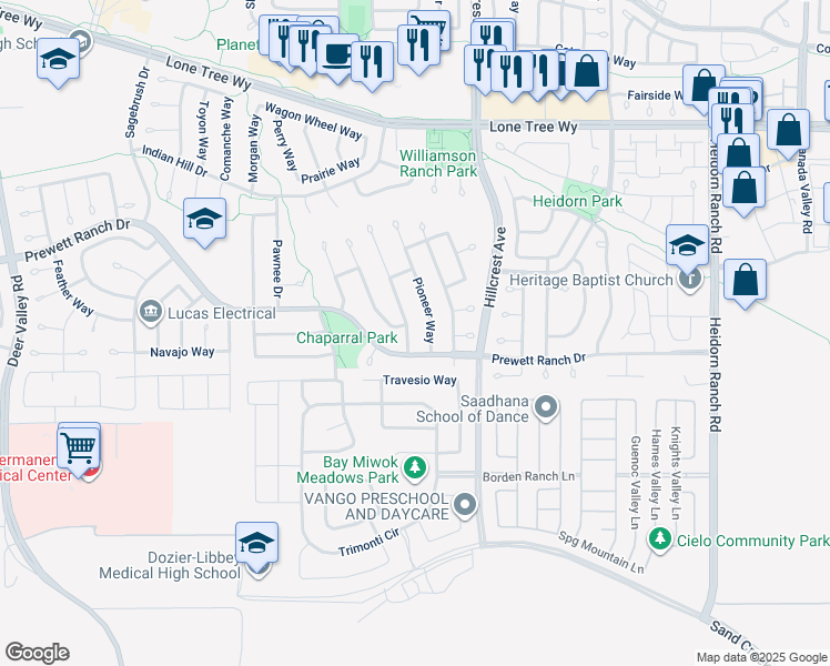 map of restaurants, bars, coffee shops, grocery stores, and more near 5165 Homestead Way in Antioch