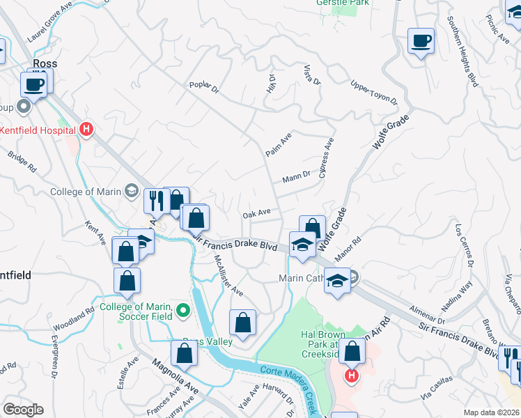 map of restaurants, bars, coffee shops, grocery stores, and more near 39 Laurel Grove Avenue in Kentfield