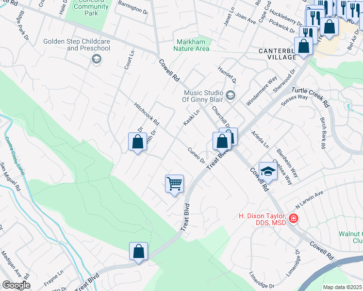 map of restaurants, bars, coffee shops, grocery stores, and more near 4210 Cuneo Drive in Concord