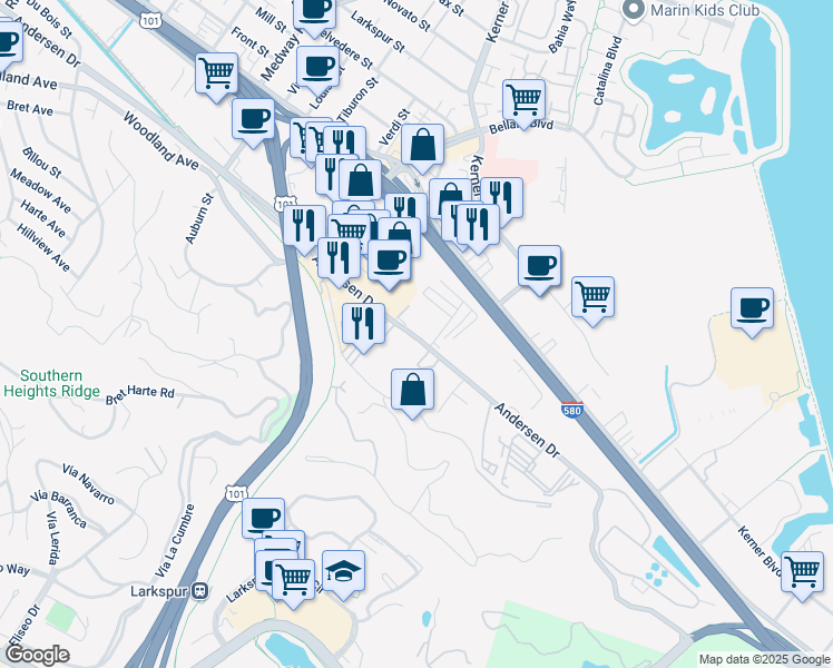 map of restaurants, bars, coffee shops, grocery stores, and more near 1111 Andersen Drive in San Rafael