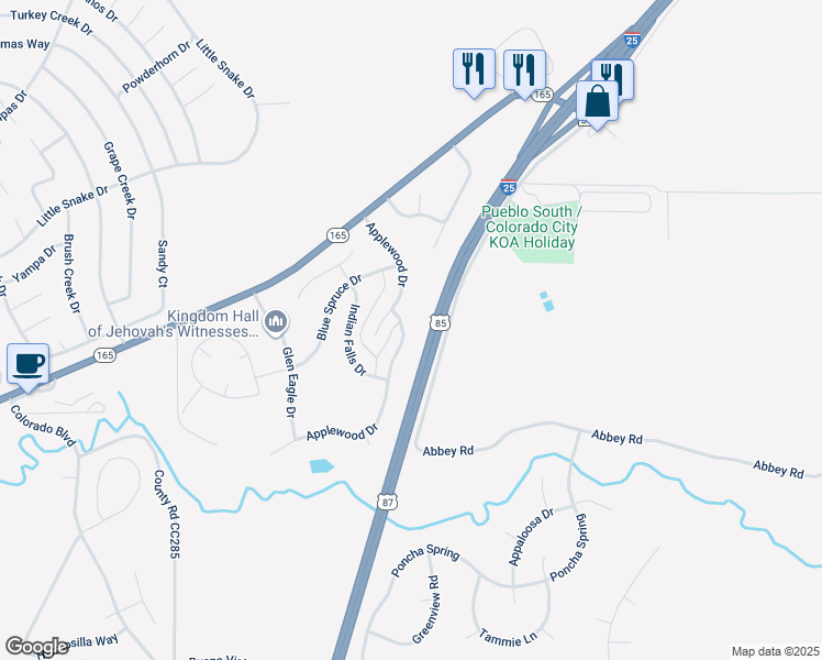 map of restaurants, bars, coffee shops, grocery stores, and more near 2849 Applewood Drive in Pueblo