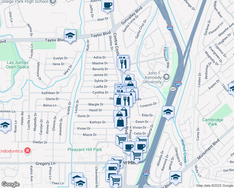 map of restaurants, bars, coffee shops, grocery stores, and more near in Pleasant Hill