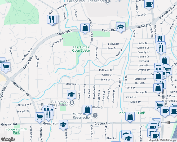 map of restaurants, bars, coffee shops, grocery stores, and more near 1830 Nadine Place in Pleasant Hill