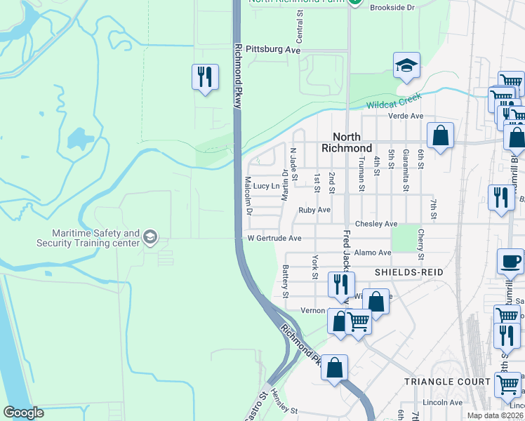 map of restaurants, bars, coffee shops, grocery stores, and more near 124 Reid Lane in Richmond