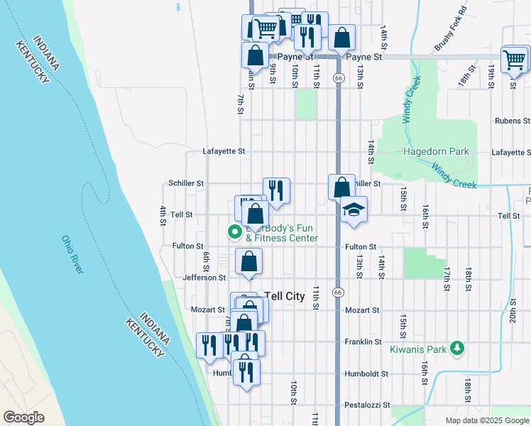map of restaurants, bars, coffee shops, grocery stores, and more near 1001-1099 9th St in Tell City