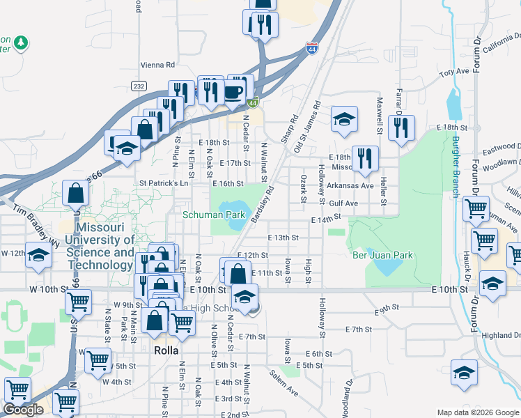 map of restaurants, bars, coffee shops, grocery stores, and more near 404 East 16th Street in Rolla