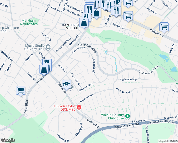 map of restaurants, bars, coffee shops, grocery stores, and more near 4421 Pembroke Drive in Concord