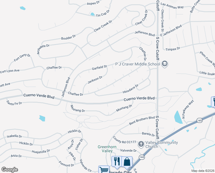 map of restaurants, bars, coffee shops, grocery stores, and more near Chaffee Dr & Grand Ct in Pueblo