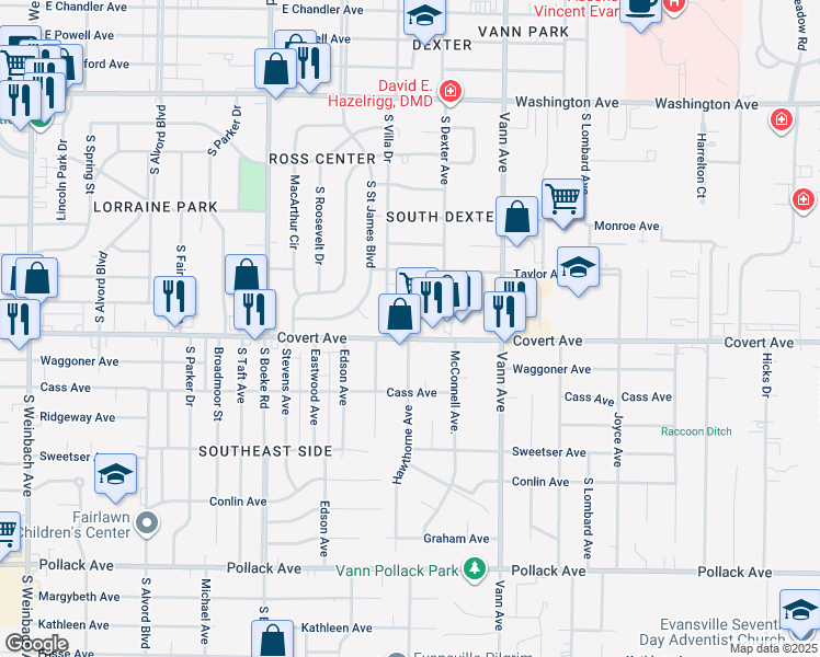 map of restaurants, bars, coffee shops, grocery stores, and more near 2905 Ravenswood Drive in Evansville
