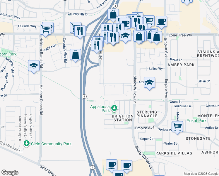 map of restaurants, bars, coffee shops, grocery stores, and more near 2255 Amber Lane in Brentwood