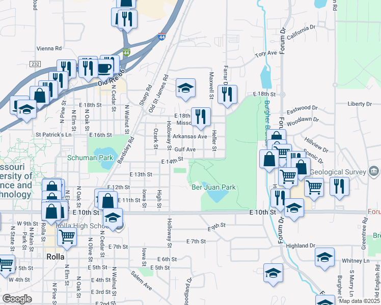map of restaurants, bars, coffee shops, grocery stores, and more near 1502 Leroy Street in Rolla