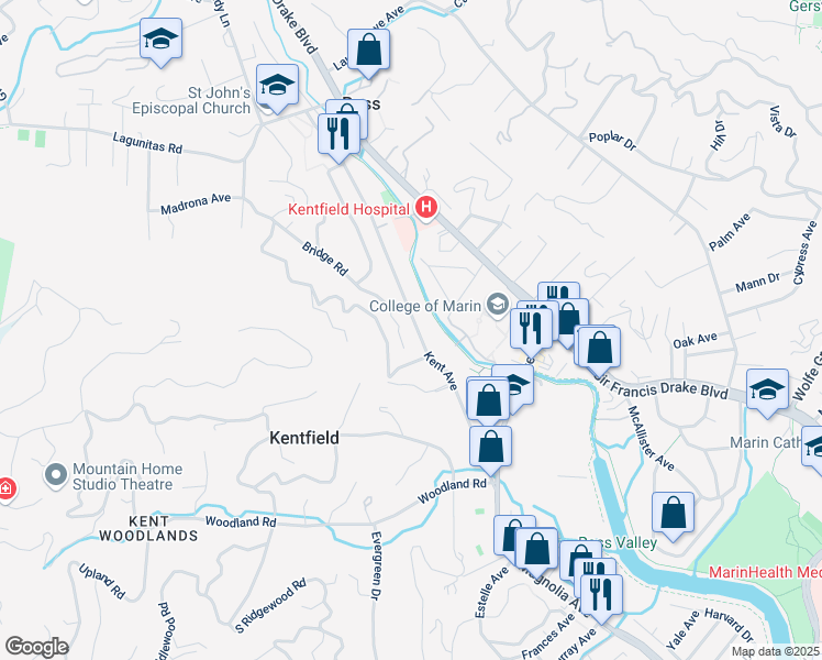 map of restaurants, bars, coffee shops, grocery stores, and more near 223 Kent Avenue in Kentfield