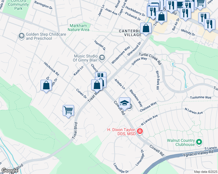 map of restaurants, bars, coffee shops, grocery stores, and more near 4314 Saint Charles Place in Concord