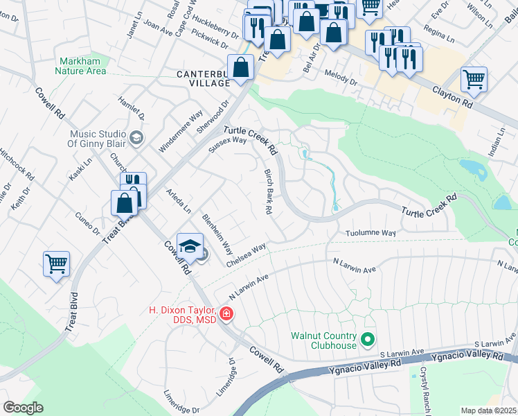 map of restaurants, bars, coffee shops, grocery stores, and more near 4516 Spring Valley Way in Concord