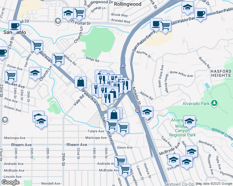 map of restaurants, bars, coffee shops, grocery stores, and more near 1160 San Pablo Towne Center in San Pablo