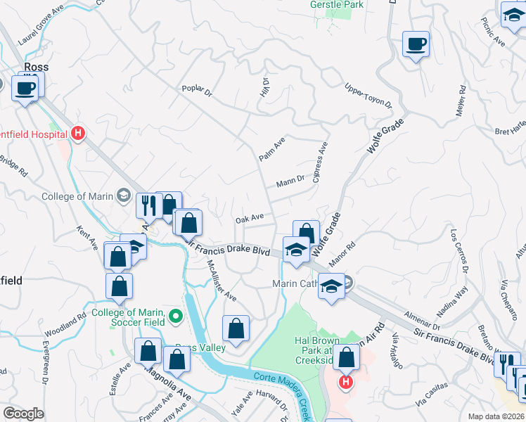 map of restaurants, bars, coffee shops, grocery stores, and more near 39 Laurel Grove Avenue in Kentfield