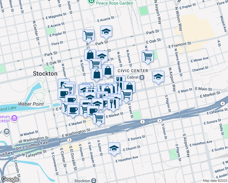 map of restaurants, bars, coffee shops, grocery stores, and more near 132 North Stanislaus Street in Stockton