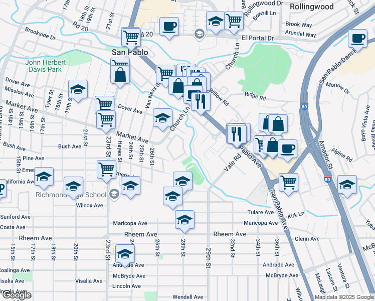map of restaurants, bars, coffee shops, grocery stores, and more near 37 Villa Drive in San Pablo