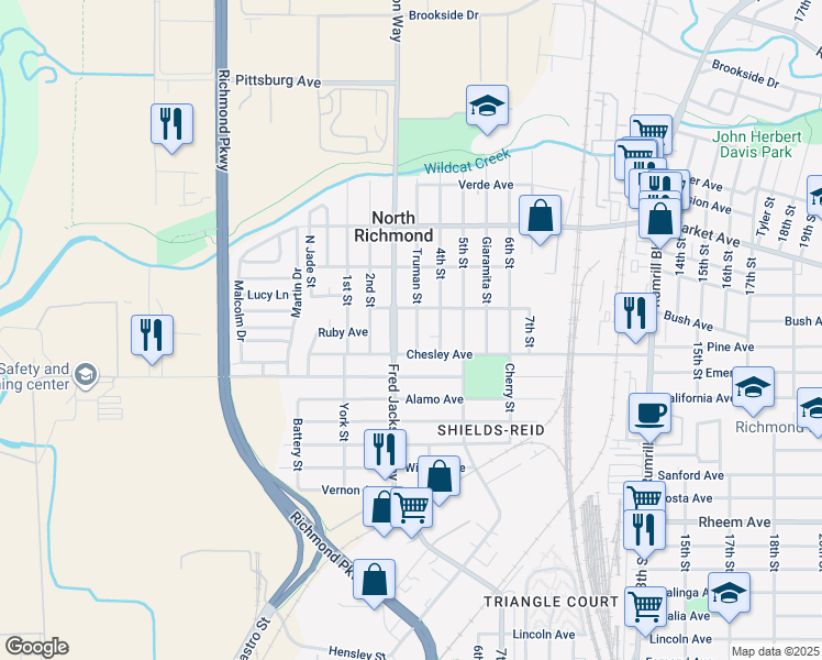 map of restaurants, bars, coffee shops, grocery stores, and more near 1555 Fred Jackson Way in Richmond