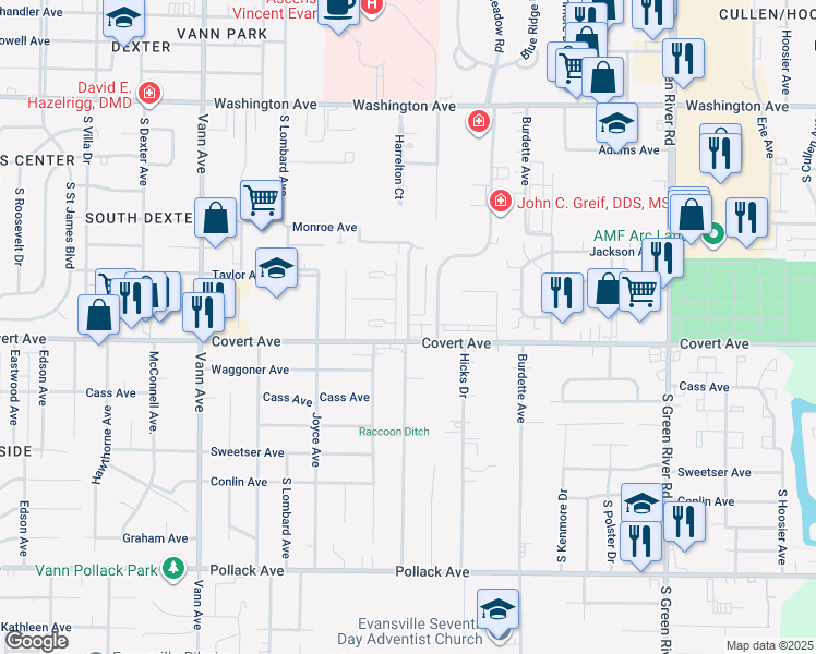 map of restaurants, bars, coffee shops, grocery stores, and more near 1463 Harrelton Drive in Evansville