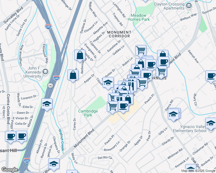 map of restaurants, bars, coffee shops, grocery stores, and more near 1154 Tilson Drive in Concord