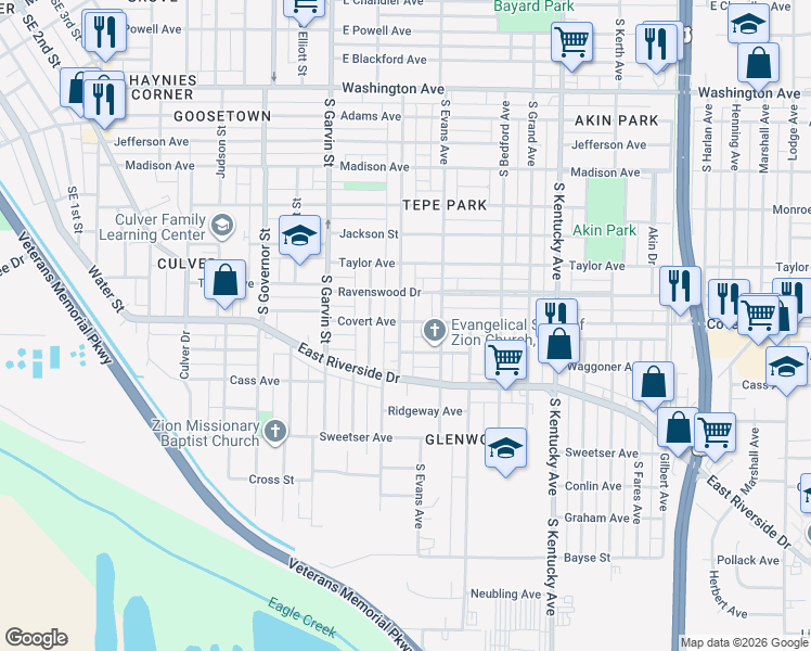 map of restaurants, bars, coffee shops, grocery stores, and more near 714 Covert Avenue in Evansville