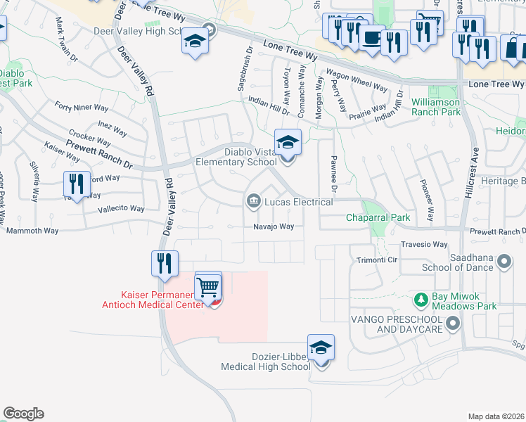 map of restaurants, bars, coffee shops, grocery stores, and more near 5403 Cherokee Way in Antioch