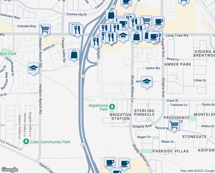 map of restaurants, bars, coffee shops, grocery stores, and more near 2229-2499 Amber Ln in Brentwood