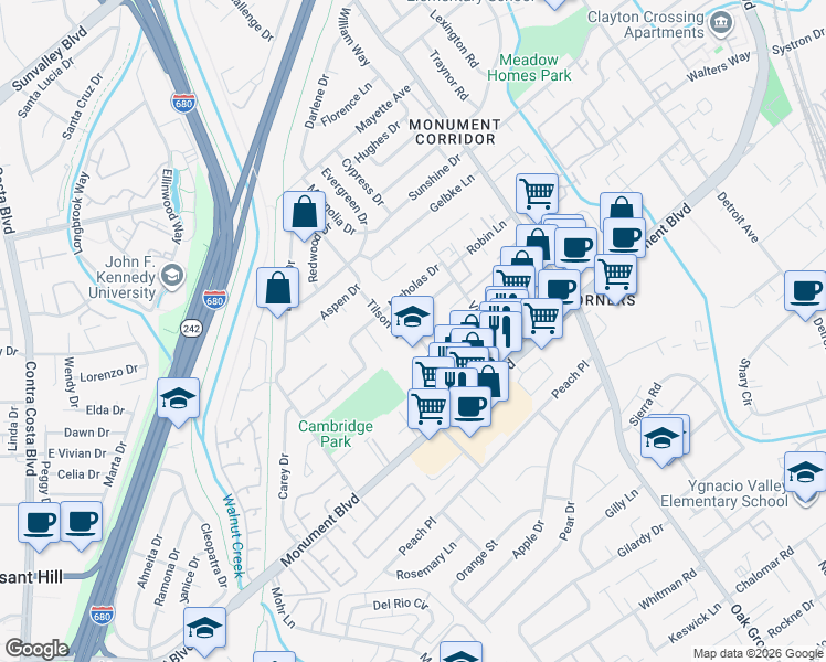 map of restaurants, bars, coffee shops, grocery stores, and more near 1154 Tilson Drive in Concord