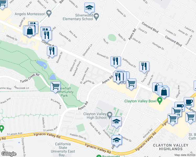 map of restaurants, bars, coffee shops, grocery stores, and more near 5060 Valley Crest Drive in Concord
