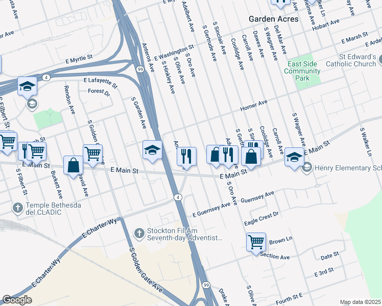 map of restaurants, bars, coffee shops, grocery stores, and more near 839 South Hinkley Avenue in Stockton