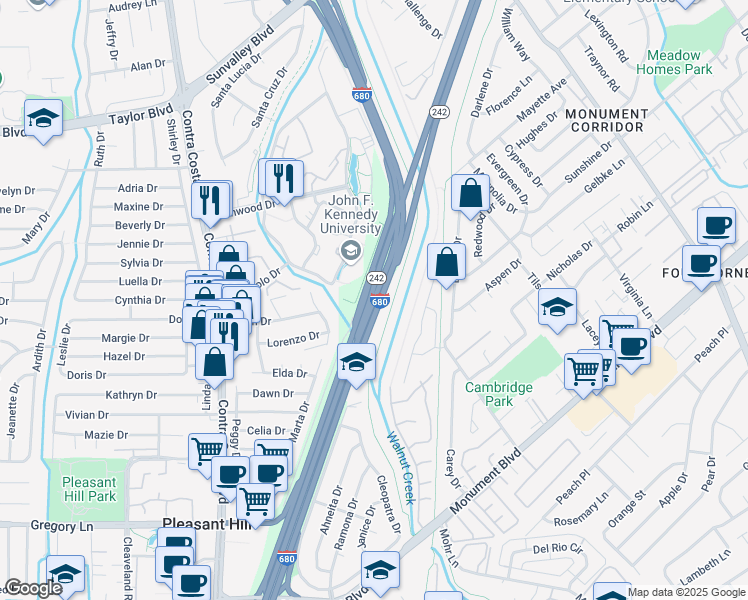 map of restaurants, bars, coffee shops, grocery stores, and more near Senator Daniel E. Boatwright Hwy in Pleasant Hill