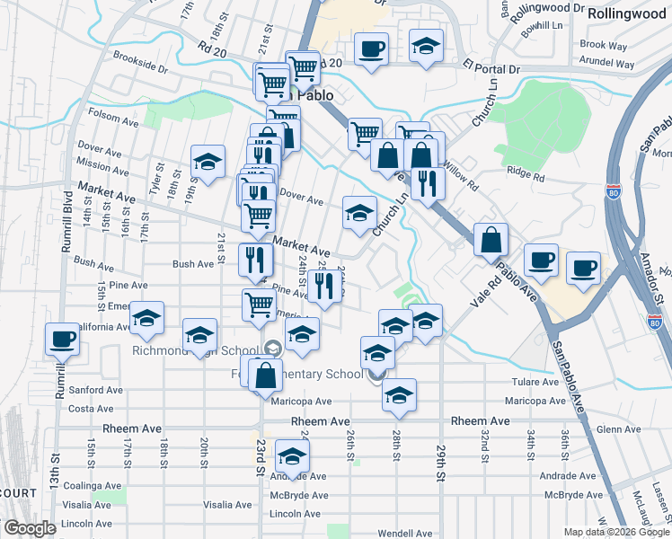 map of restaurants, bars, coffee shops, grocery stores, and more near 1621 26th Street in Richmond