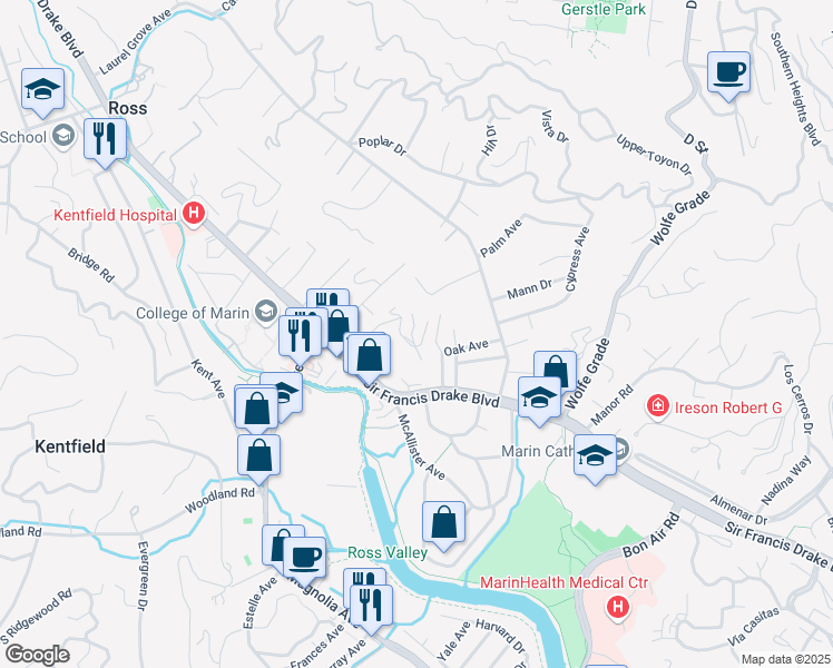 map of restaurants, bars, coffee shops, grocery stores, and more near 115 Terrace Avenue in Kentfield