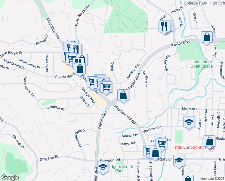 map of restaurants, bars, coffee shops, grocery stores, and more near 10 Royston Walk in Pleasant Hill