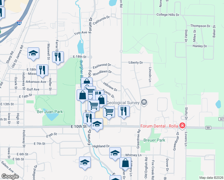 map of restaurants, bars, coffee shops, grocery stores, and more near 1318 Hillview Drive in Rolla